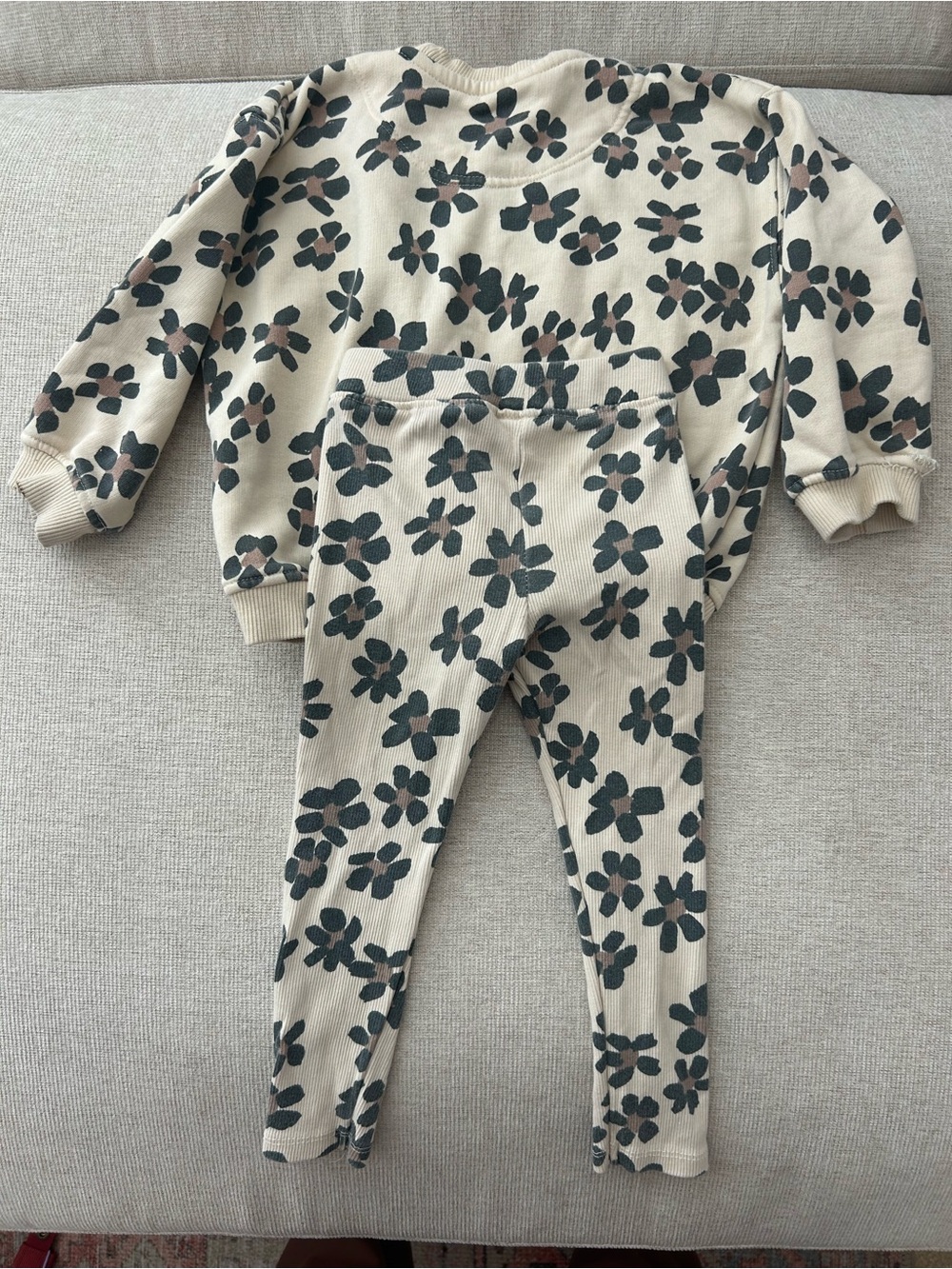 Zara Cream Floral Knit Pajama Set with Black Flowers